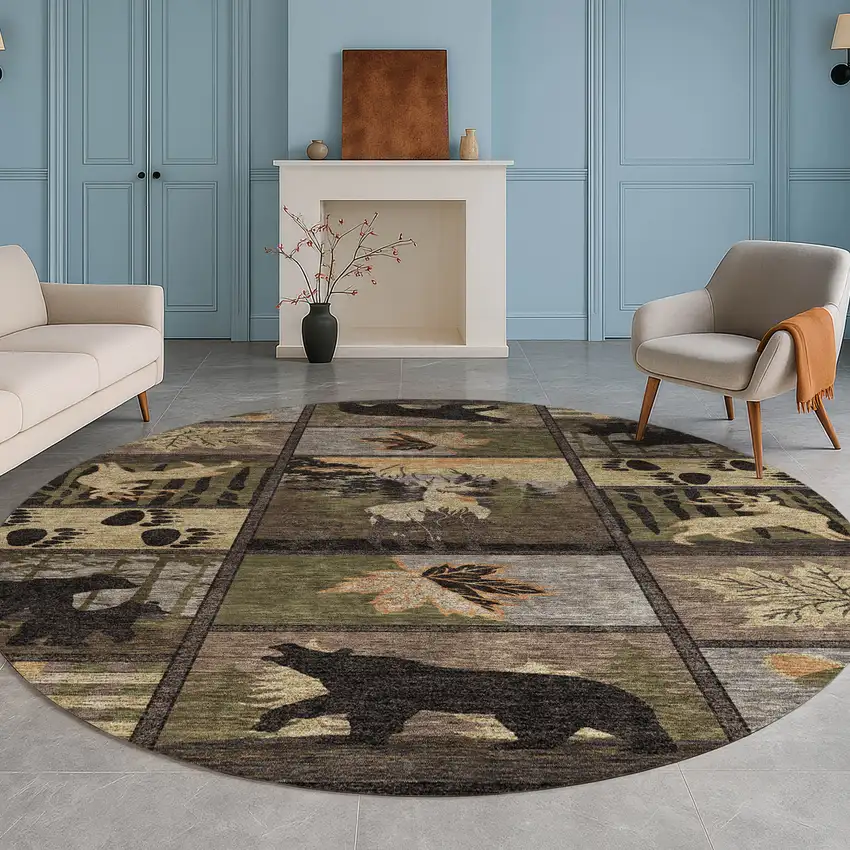 8' Black And Brown Round Bear Washable Indoor Outdoor Area Rug Photo 5