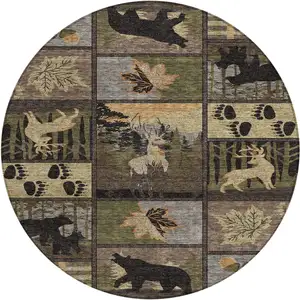 Photo of 8' Black And Brown Round Bear Washable Indoor Outdoor Area Rug