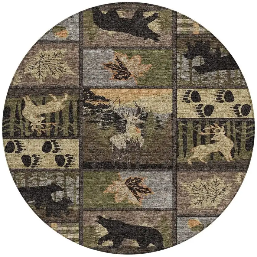 8' Black And Brown Round Bear Washable Indoor Outdoor Area Rug Photo 3