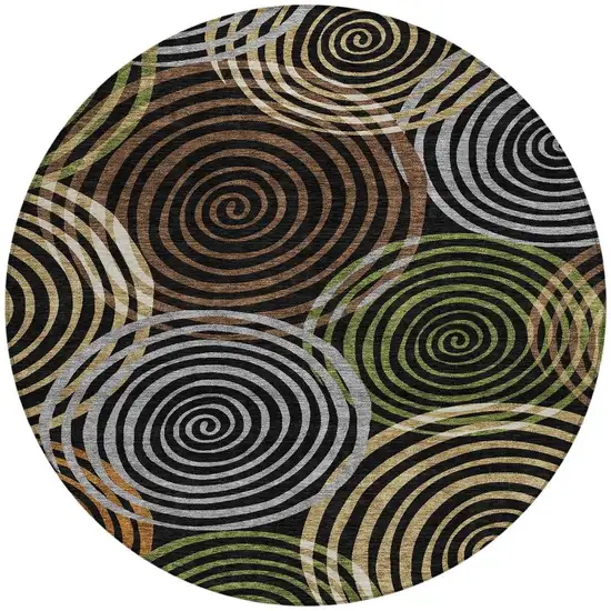 8' Black And Brown Round Geometric Washable Indoor Outdoor Area Rug Photo 3