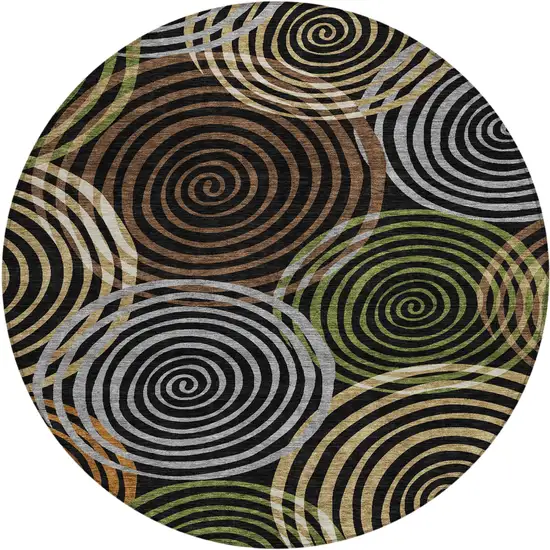 8' Black And Brown Round Geometric Washable Indoor Outdoor Area Rug Photo 1