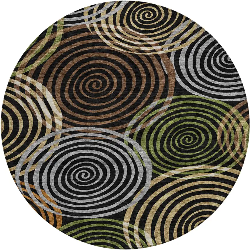 8' Black And Brown Round Geometric Washable Indoor Outdoor Area Rug Photo 1