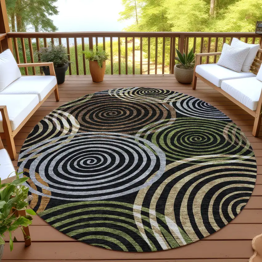8' Black And Brown Round Geometric Washable Indoor Outdoor Area Rug Photo 4