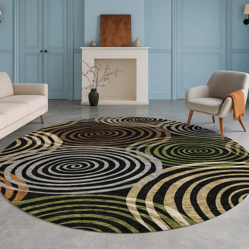 8' Black And Brown Round Geometric Washable Indoor Outdoor Area Rug Photo 5