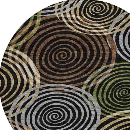 8' Black And Brown Round Geometric Washable Indoor Outdoor Area Rug Photo 2
