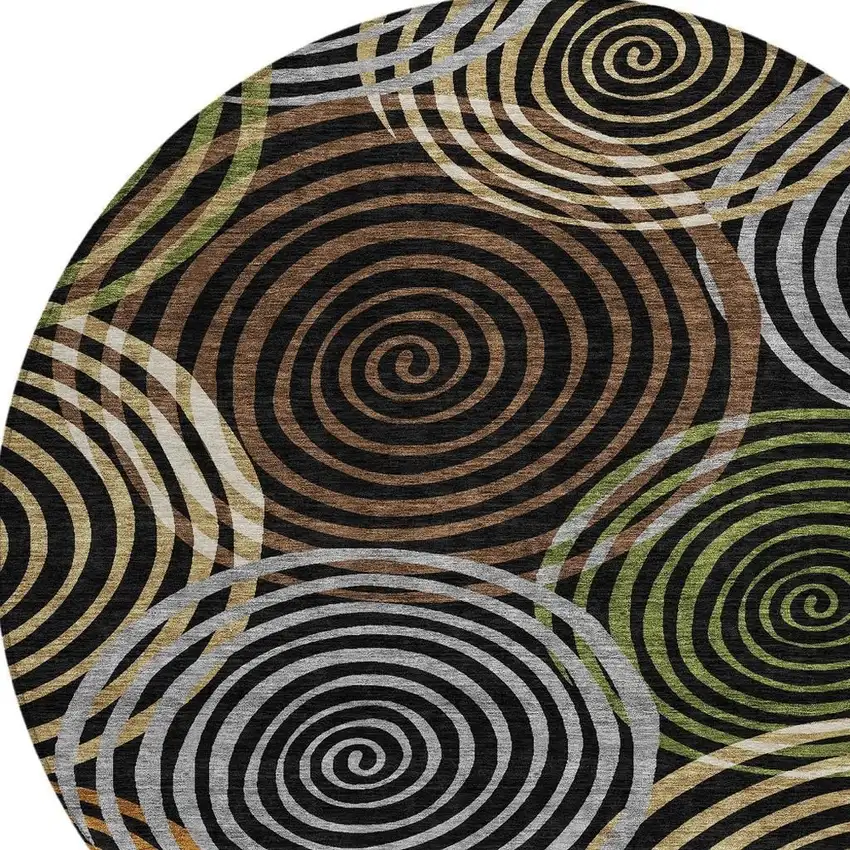 8' Black And Brown Round Geometric Washable Indoor Outdoor Area Rug Photo 2
