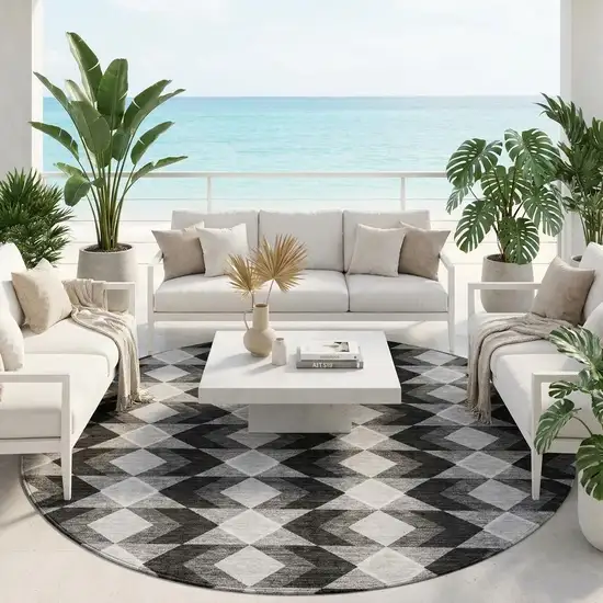 8' Black And Brown Round Geometric Washable Indoor Outdoor Area Rug Photo 1