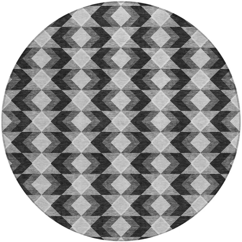 8' Black And Brown Round Geometric Washable Indoor Outdoor Area Rug Photo 2