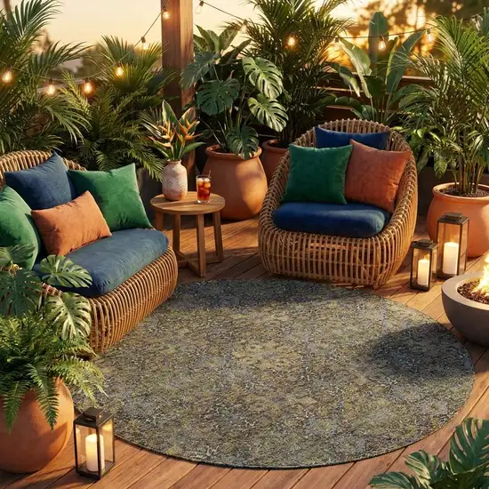 8' Black And Brown Round Oriental Washable Indoor Outdoor Area Rug Photo 1