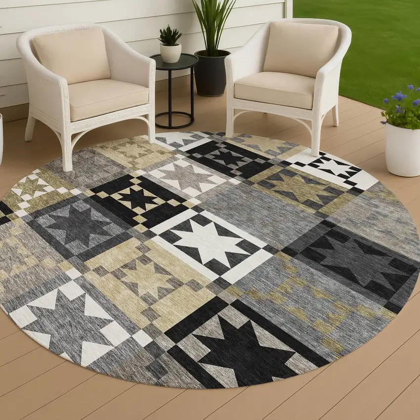 8' Black And Brown Round Patchwork Washable Indoor Outdoor Area Rug Photo 3