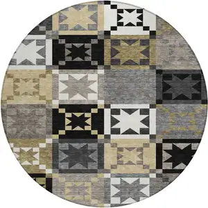 Photo of 8' Black And Brown Round Patchwork Washable Indoor Outdoor Area Rug