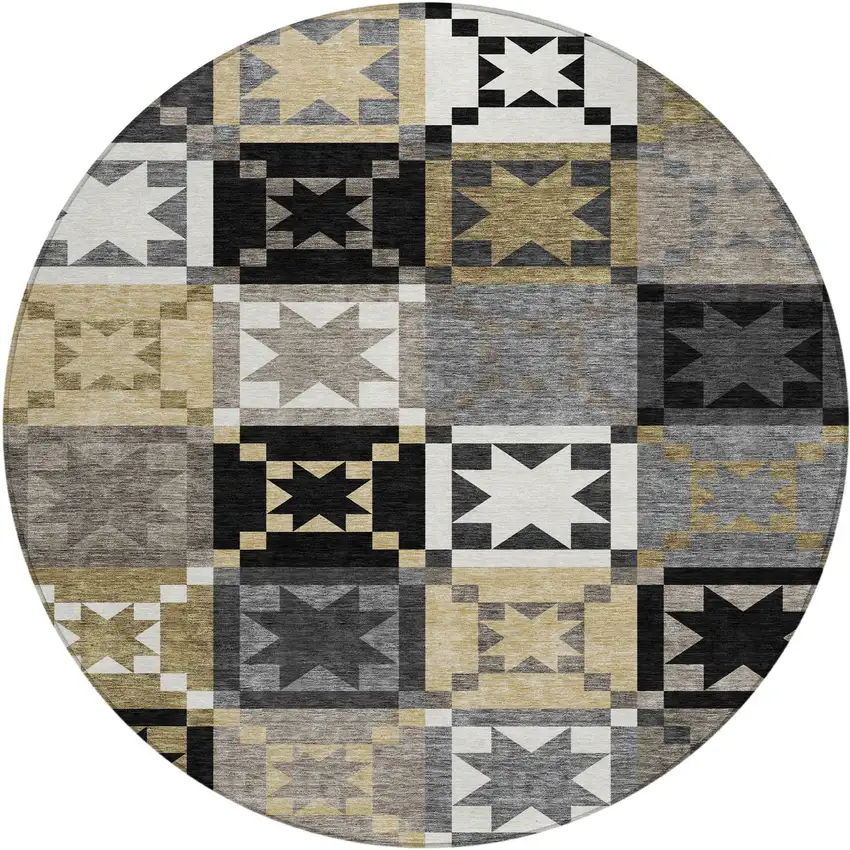 8' Black And Brown Round Patchwork Washable Indoor Outdoor Area Rug Photo 1