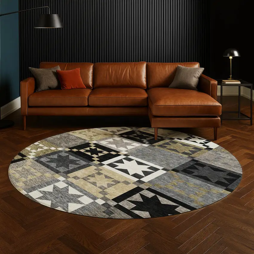 8' Black And Brown Round Patchwork Washable Indoor Outdoor Area Rug Photo 4