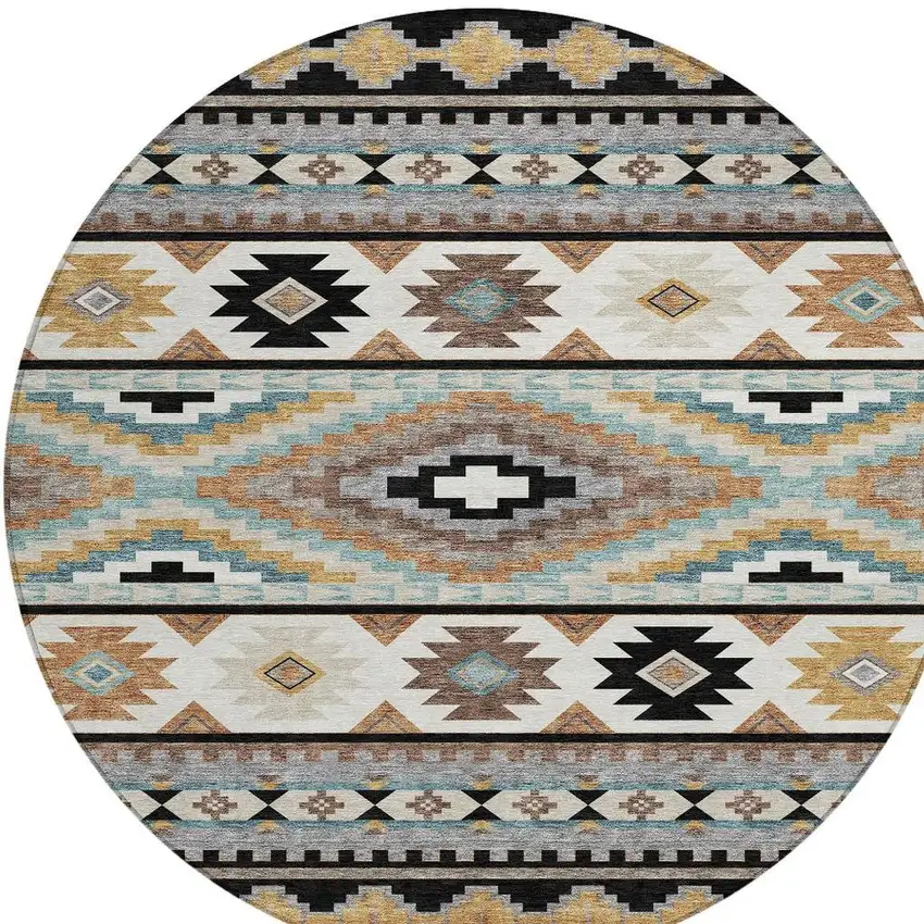 8' Black And Brown Round Southwestern Washable Indoor Outdoor Area Rug Photo 3