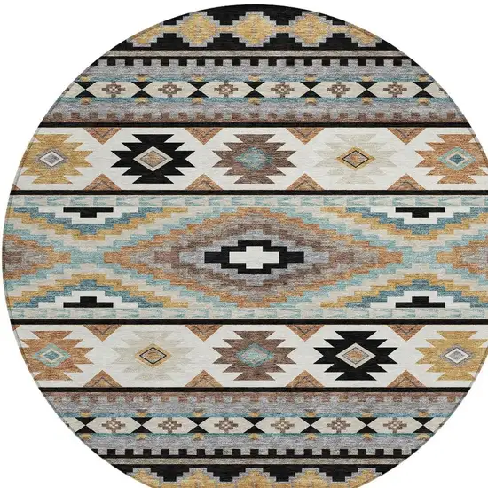 8' Black And Brown Round Southwestern Washable Indoor Outdoor Area Rug Photo 3