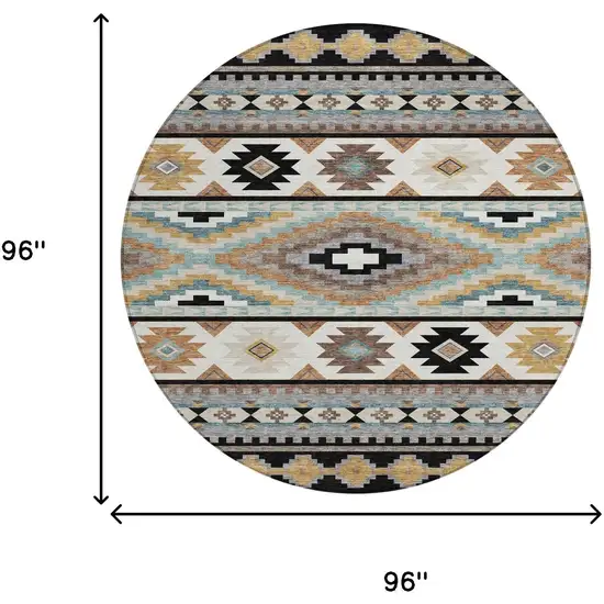 8' Black And Brown Round Southwestern Washable Indoor Outdoor Area Rug Photo 8