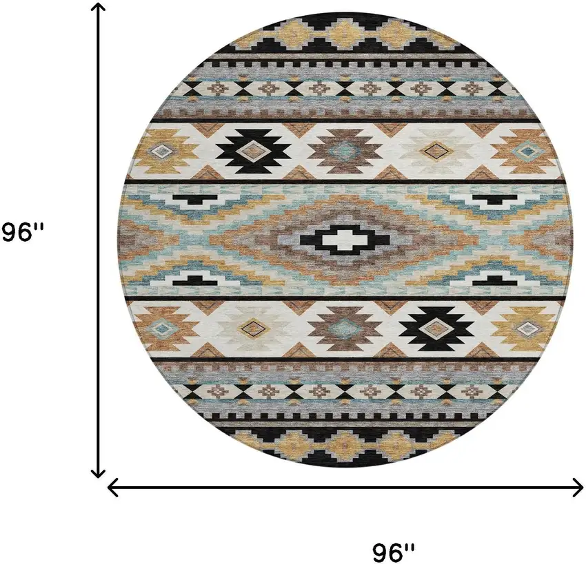 8' Black And Brown Round Southwestern Washable Indoor Outdoor Area Rug Photo 8