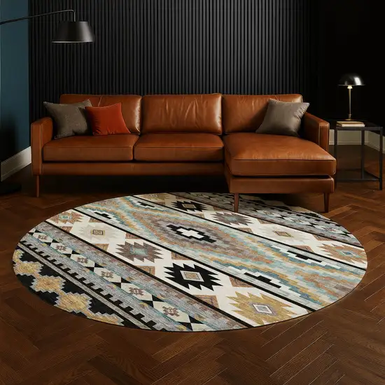 8' Black And Brown Round Southwestern Washable Indoor Outdoor Area Rug Photo 5