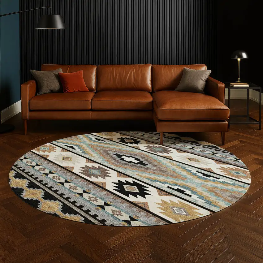 8' Black And Brown Round Southwestern Washable Indoor Outdoor Area Rug Photo 5