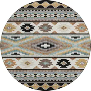 Photo of 8' Black And Brown Round Southwestern Washable Indoor Outdoor Area Rug