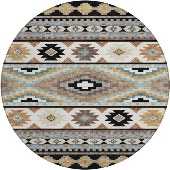 8' Black And Brown Round Southwestern Washable Indoor Outdoor Area Rug Photo 1