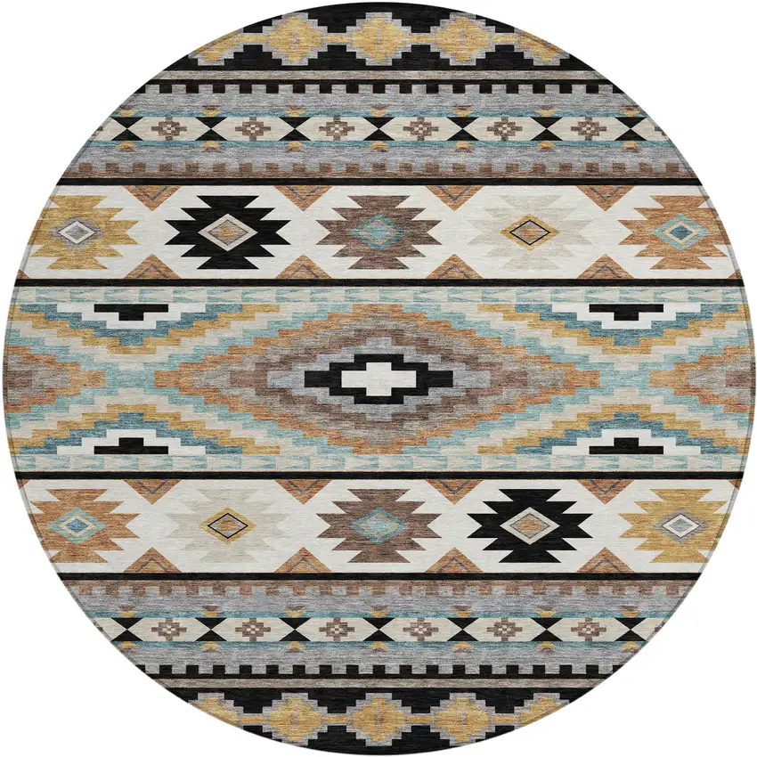 8' Black And Brown Round Southwestern Washable Indoor Outdoor Area Rug Photo 1