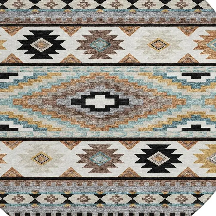 8' Black And Brown Round Southwestern Washable Indoor Outdoor Area Rug Photo 2