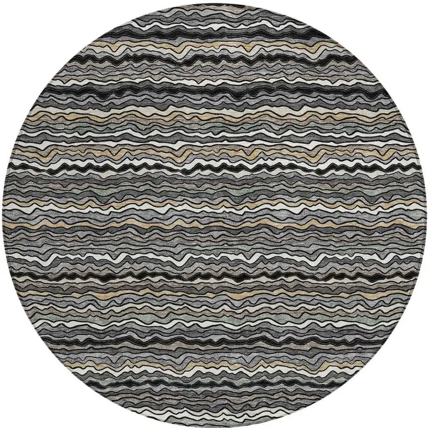 8' Black And Brown Round Striped Washable Indoor Outdoor Area Rug Photo 3