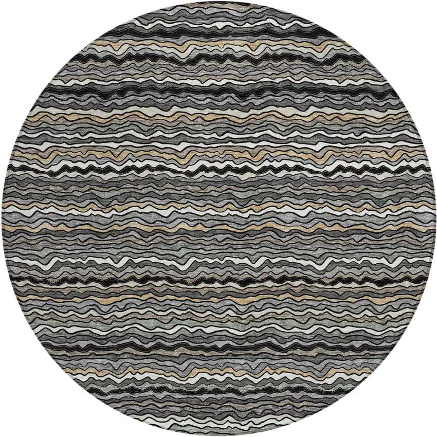 8' Black And Brown Round Striped Washable Indoor Outdoor Area Rug Photo 1