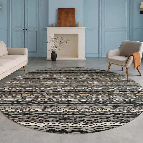 8' Black And Brown Round Striped Washable Indoor Outdoor Area Rug Photo 5
