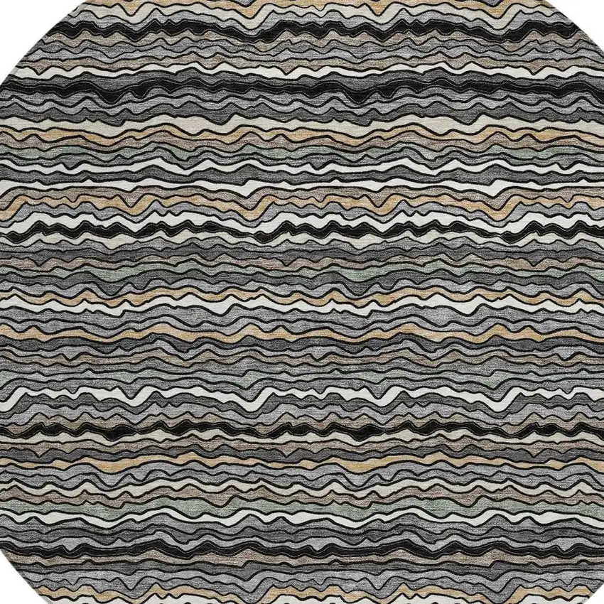 8' Black And Brown Round Striped Washable Indoor Outdoor Area Rug Photo 2