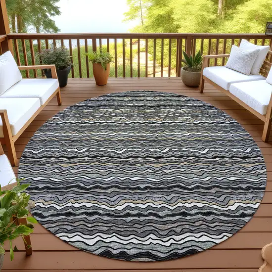 8' Black And Brown Round Striped Washable Indoor Outdoor Area Rug Photo 4
