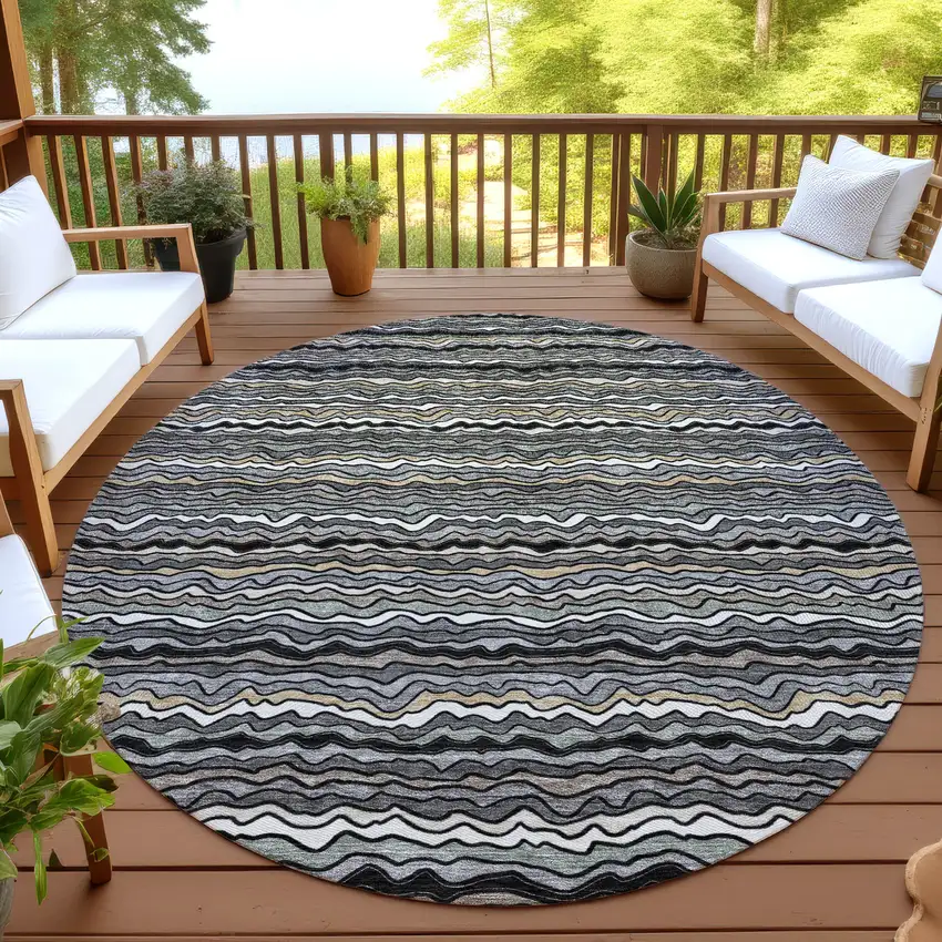 8' Black And Brown Round Striped Washable Indoor Outdoor Area Rug Photo 4