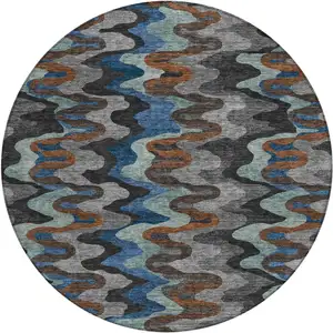 Photo of 8' Black And Charcoal Round Abstract Washable Indoor Outdoor Area Rug