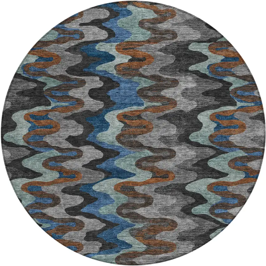 8' Black And Charcoal Round Abstract Washable Indoor Outdoor Area Rug Photo 1