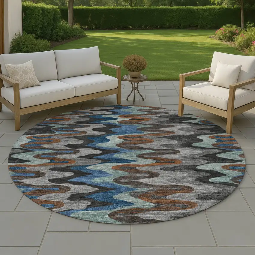 8' Black And Charcoal Round Abstract Washable Indoor Outdoor Area Rug Photo 4