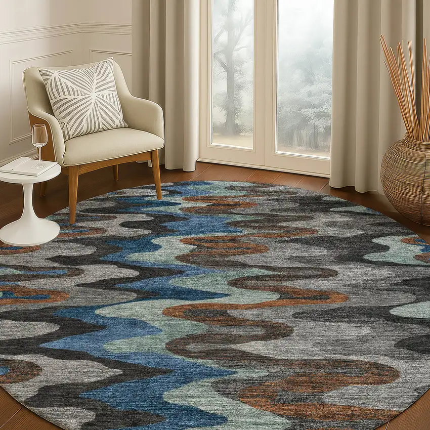 8' Black And Charcoal Round Abstract Washable Indoor Outdoor Area Rug Photo 5