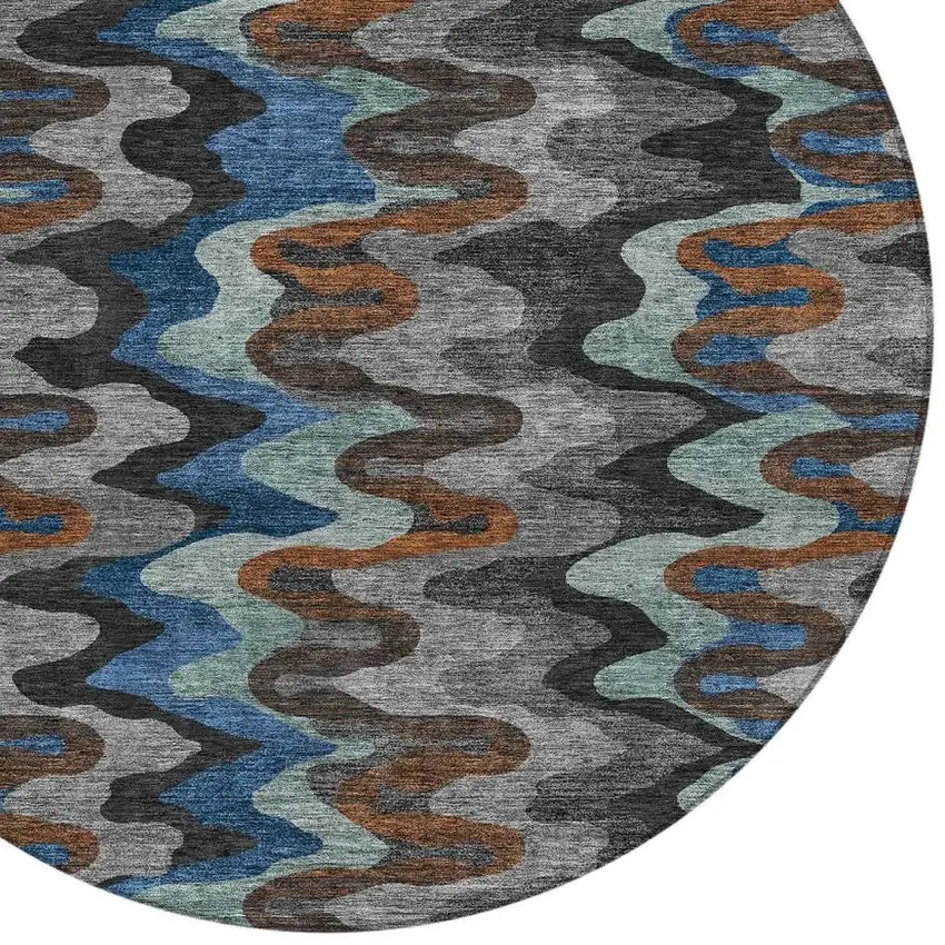 8' Black And Charcoal Round Abstract Washable Indoor Outdoor Area Rug Photo 2