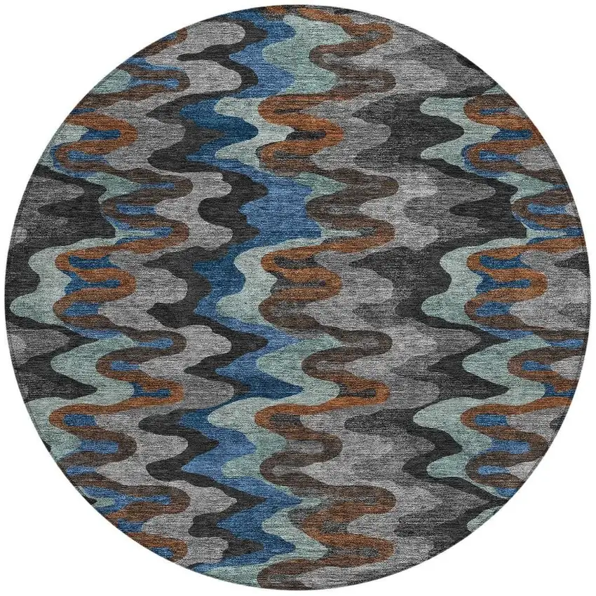 8' Black And Charcoal Round Abstract Washable Indoor Outdoor Area Rug Photo 3
