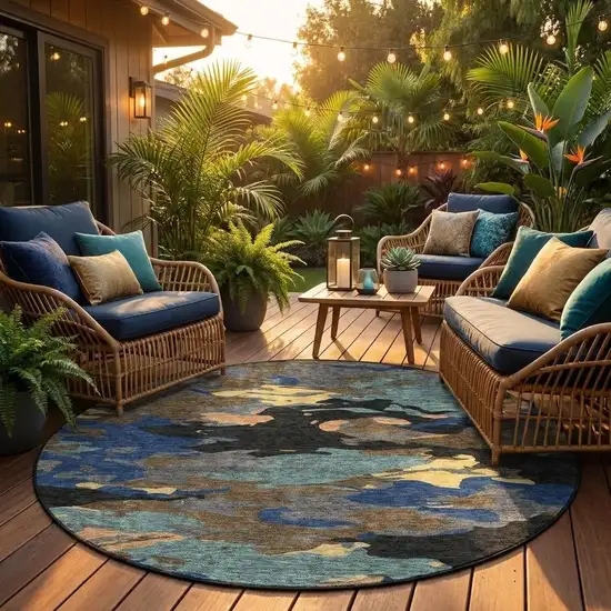 8' Black And Charcoal Round Abstract Washable Indoor Outdoor Area Rug Photo 1