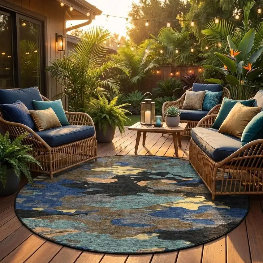 8' Black And Charcoal Round Abstract Washable Indoor Outdoor Area Rug Photo 1