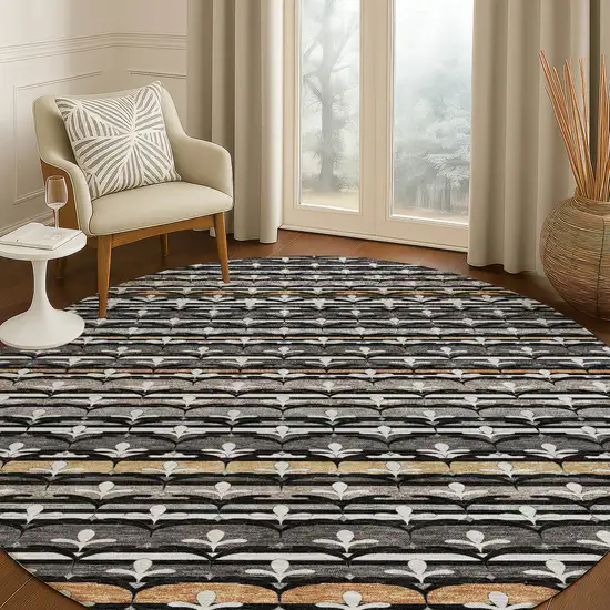 8' Black And Charcoal Round Damask Washable Indoor Outdoor Area Rug Photo 5