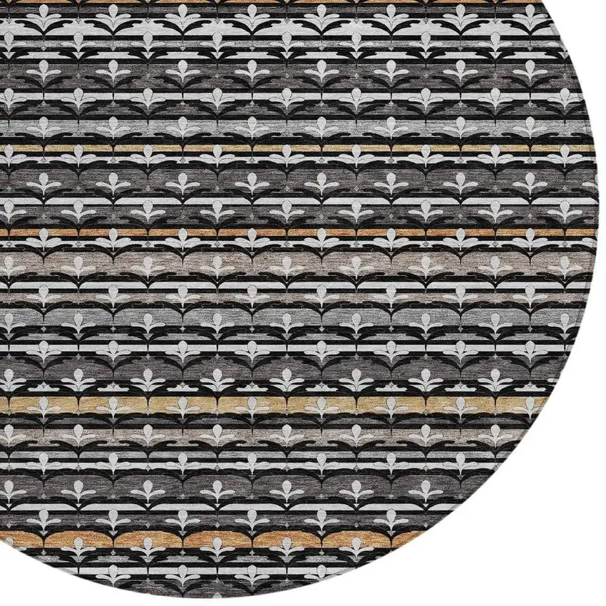 8' Black And Charcoal Round Damask Washable Indoor Outdoor Area Rug Photo 3