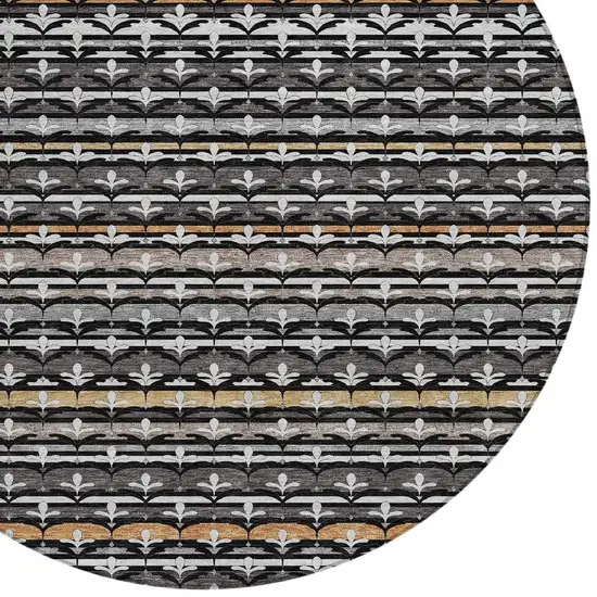 8' Black And Charcoal Round Damask Washable Indoor Outdoor Area Rug Photo 3