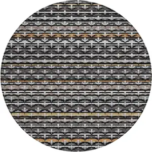 Photo of 8' Black And Charcoal Round Damask Washable Indoor Outdoor Area Rug