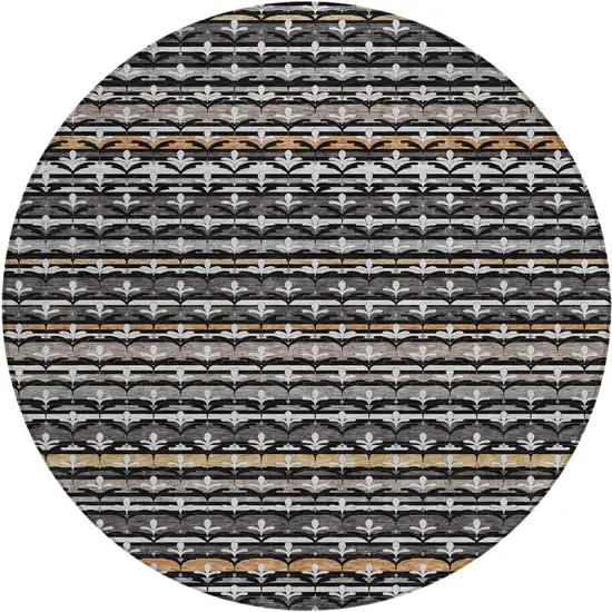 8' Black And Charcoal Round Damask Washable Indoor Outdoor Area Rug Photo 1