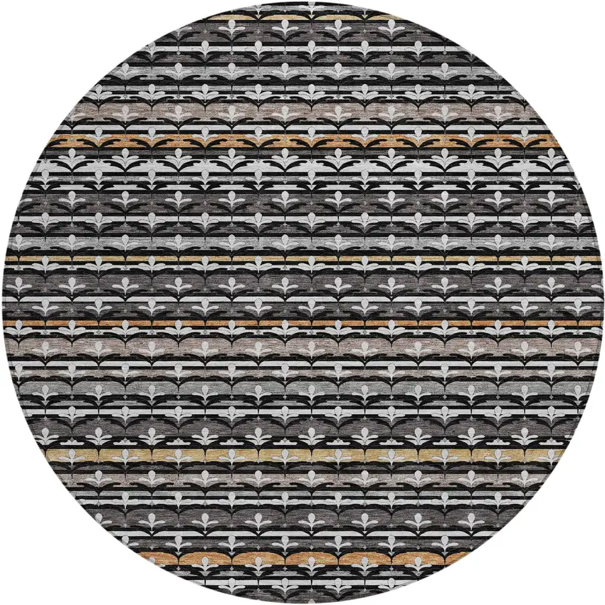 8' Black And Charcoal Round Damask Washable Indoor Outdoor Area Rug Photo 1