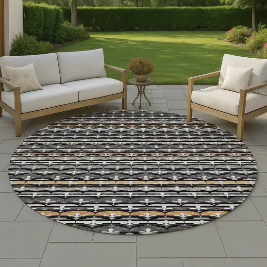 8' Black And Charcoal Round Damask Washable Indoor Outdoor Area Rug Photo 4