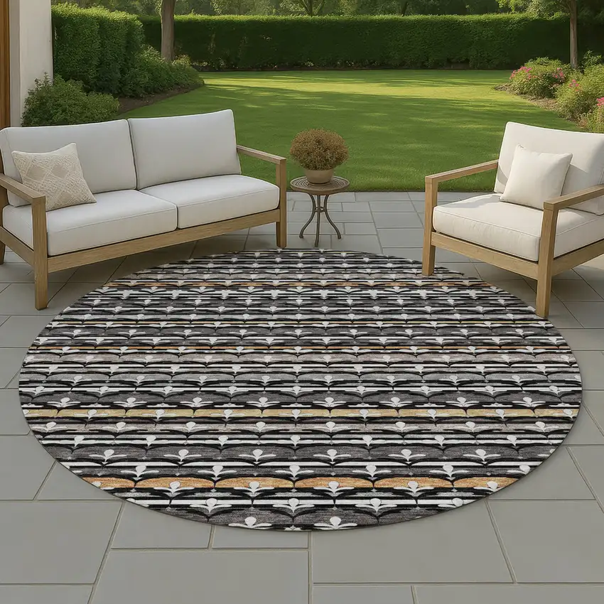 8' Black And Charcoal Round Damask Washable Indoor Outdoor Area Rug Photo 4