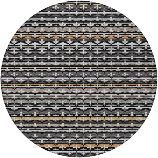 8' Black And Charcoal Round Damask Washable Indoor Outdoor Area Rug Photo 2
